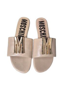 Moschino M Flat Sandals Slides Mules Beige with Gold M
